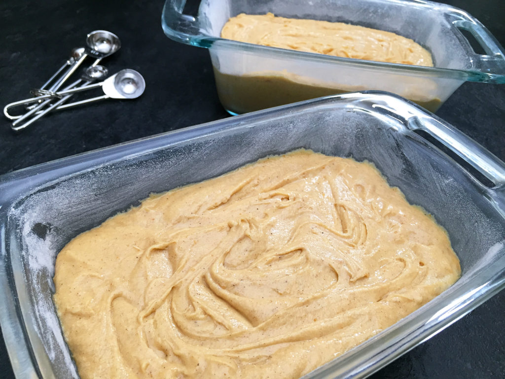 pumpkin spice pound cake batter in baking pan
