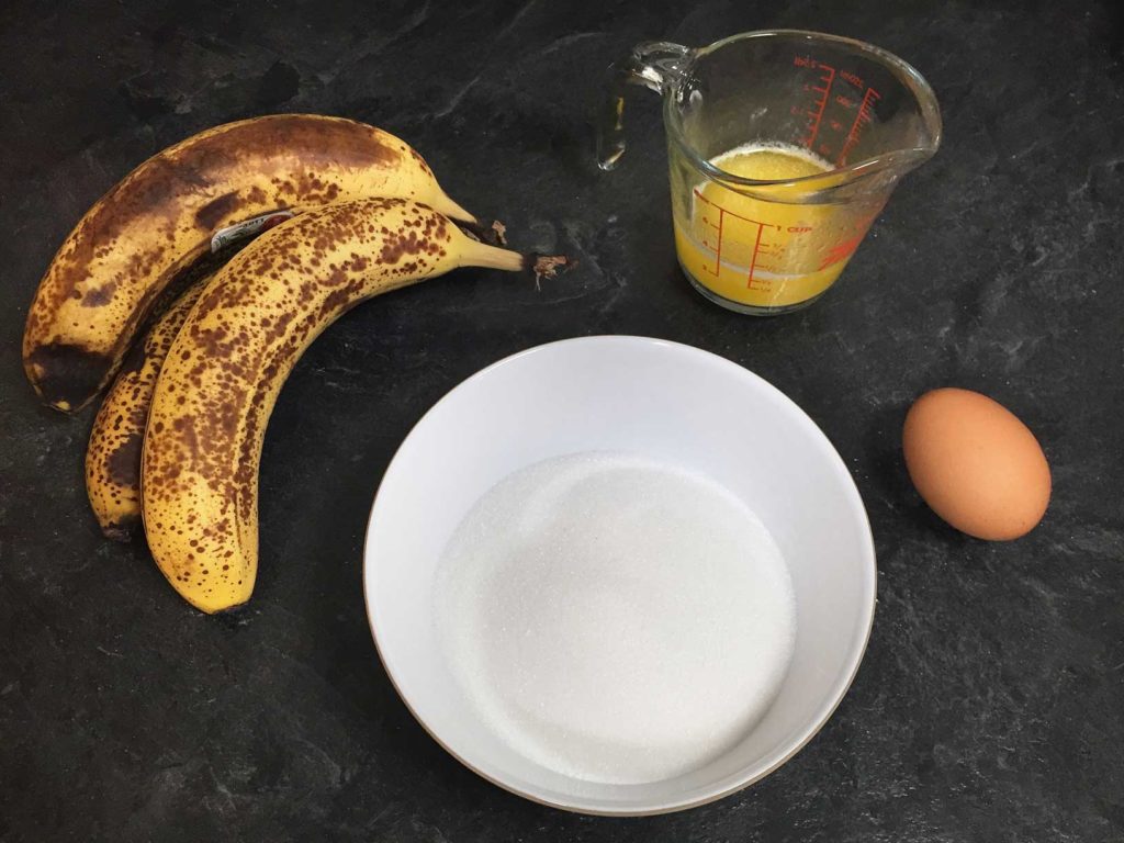 Banana bread ingredients on the counter