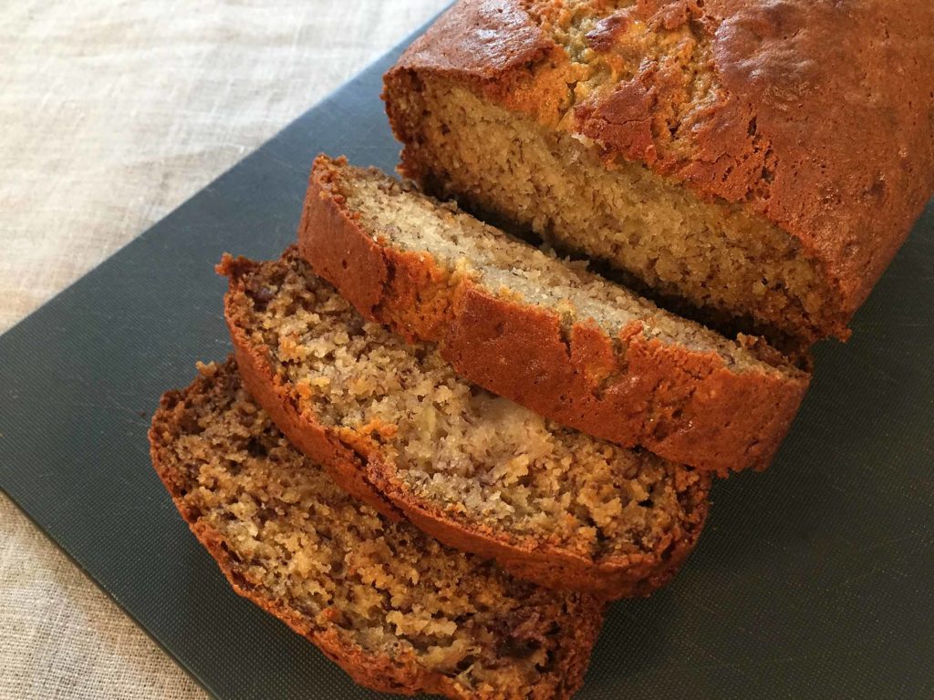 Close up of banana bread cut into slices