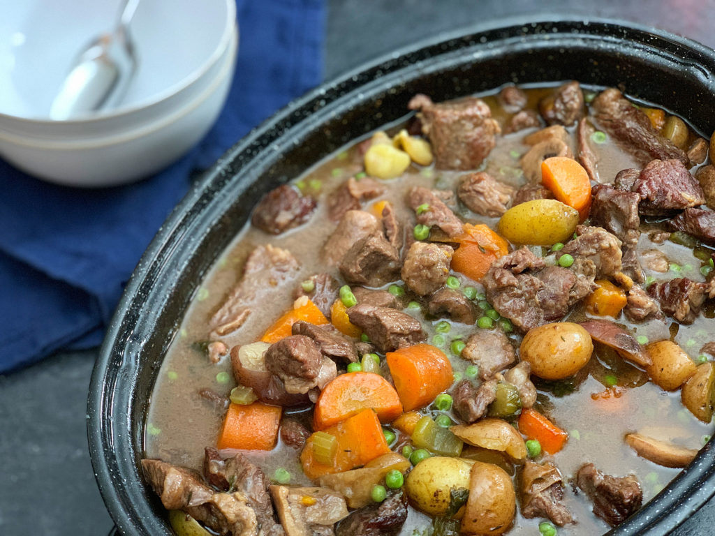 pot of beef stew, ready for serving
