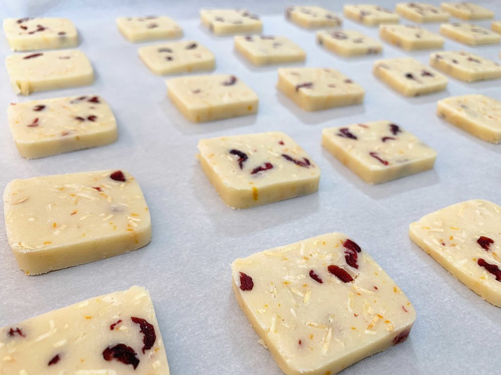 slices of cookie dough on a tray