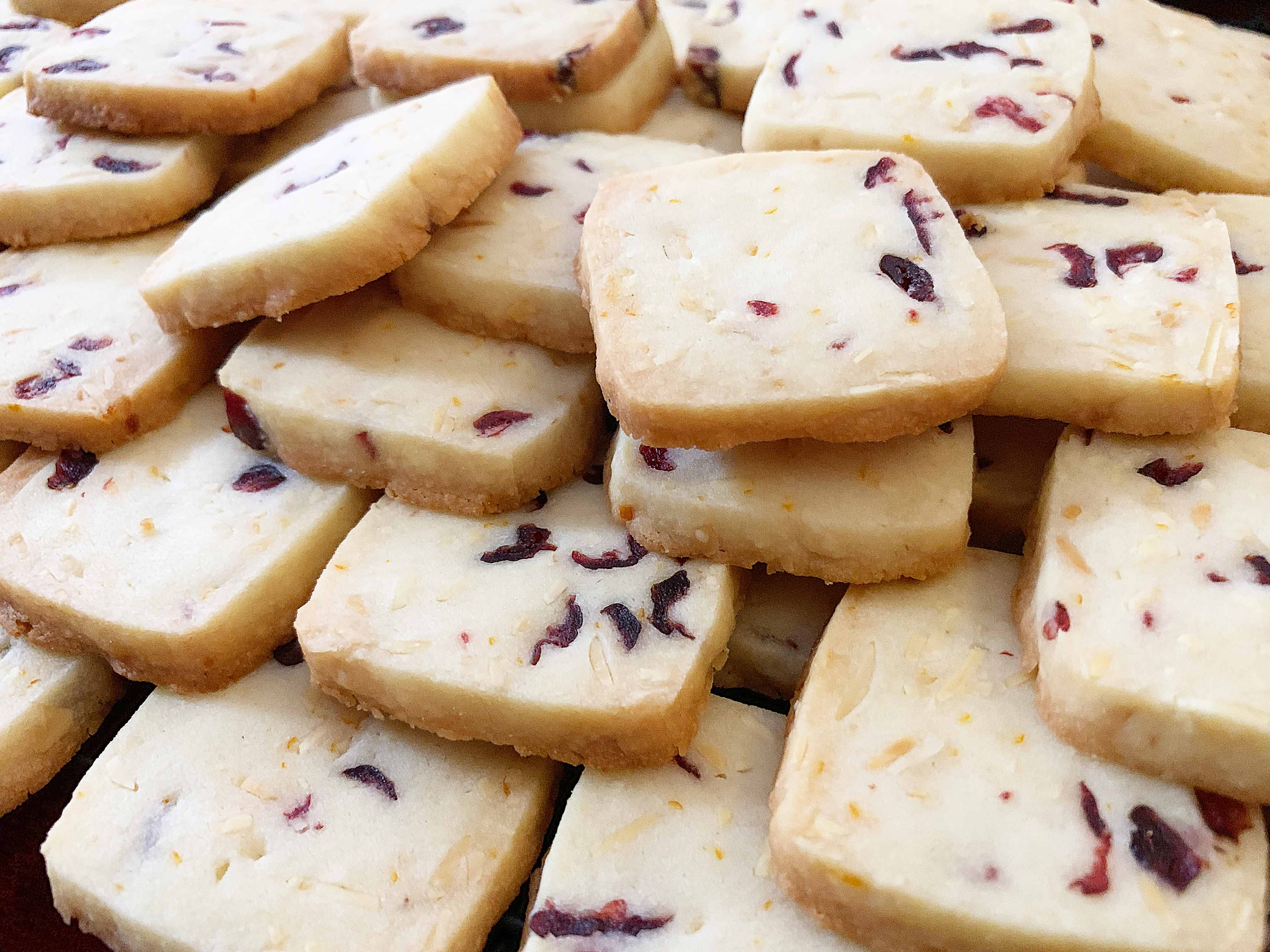 pile of cranberry almond shortbread cookies