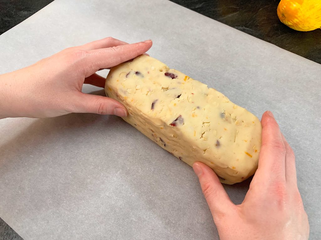 starting to shape the dough into a rectangle