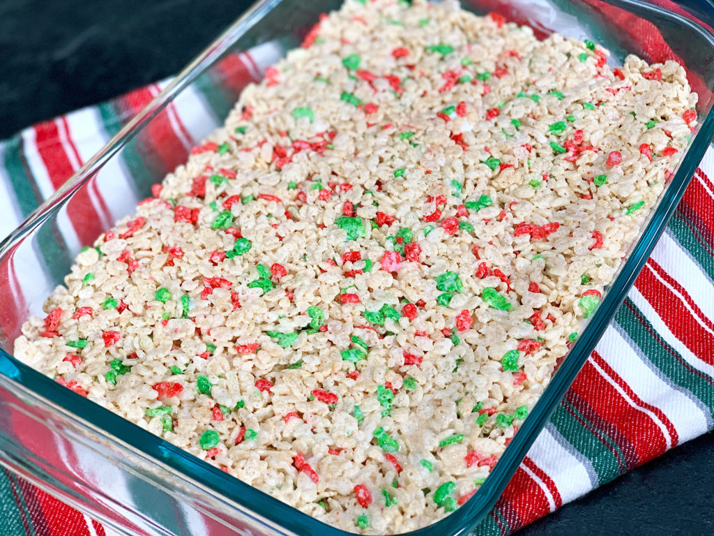 rice krispies pressed into a baking dish