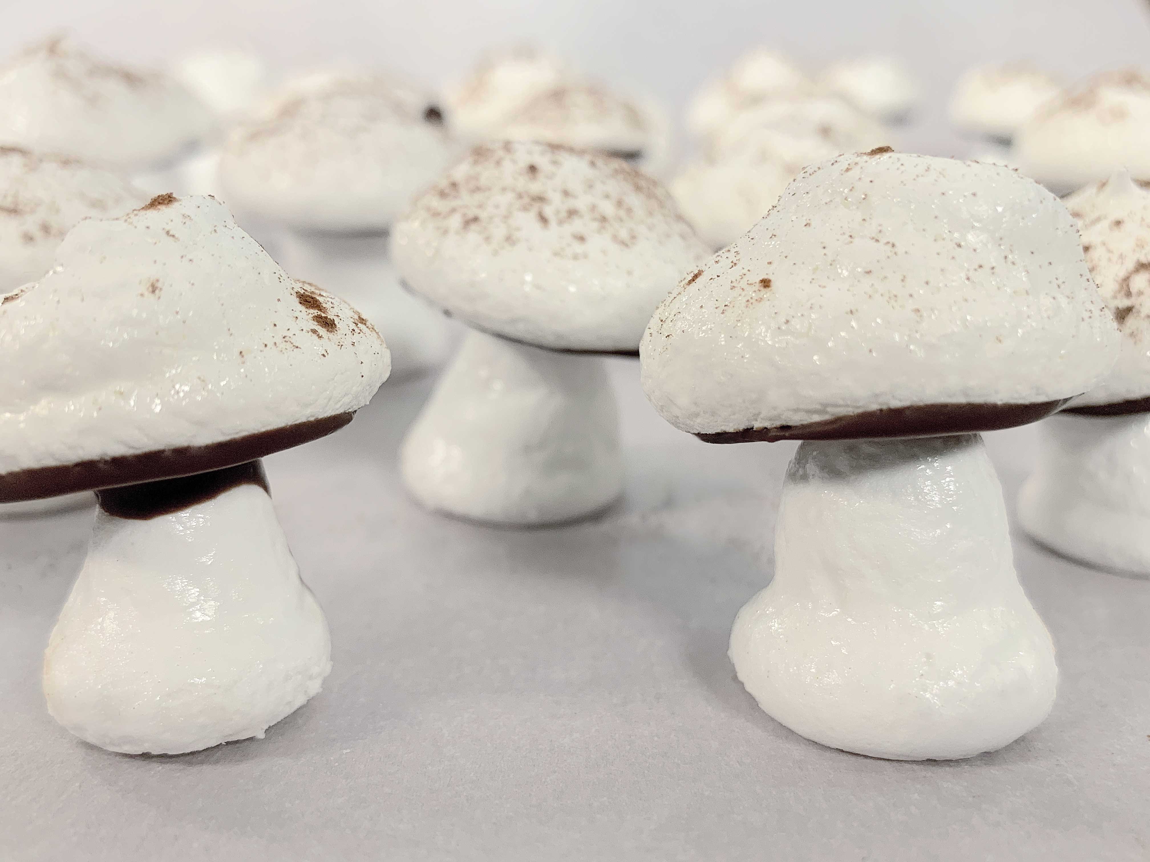 close up shot of a group of meringue mushrooms