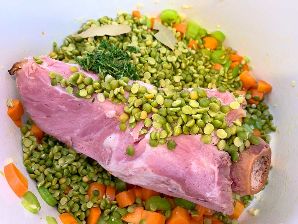 split pea and ham soup ingredients in a large pot