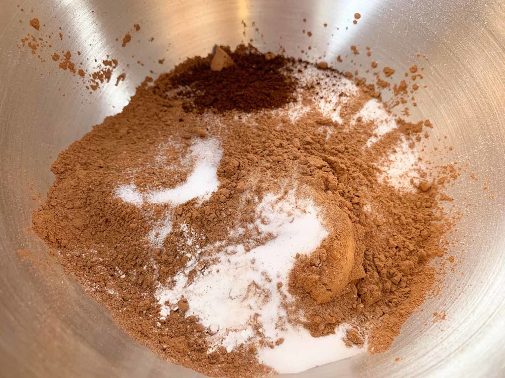 Dry ingredients for chocolate cupcakes mixed together in a bowl