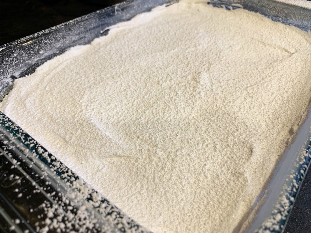 Pan of marshmallows, dusted with icing sugar
