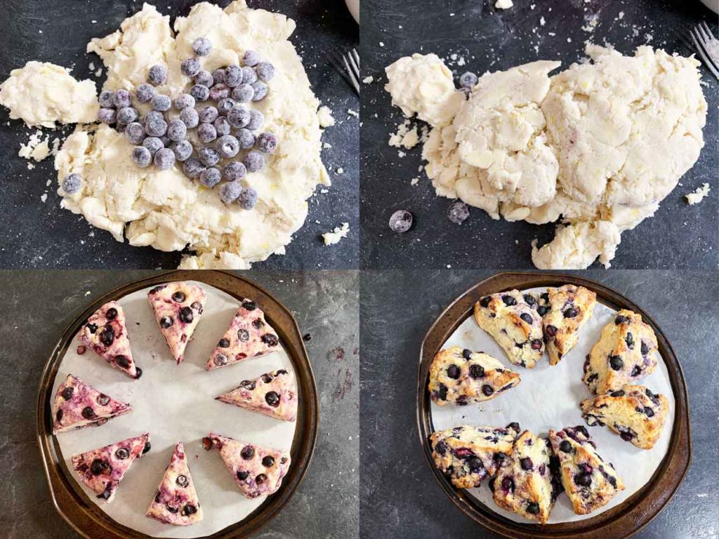 scone attempt 3 - collage of images showing the dough, mixing in the blueberries and the final baked version