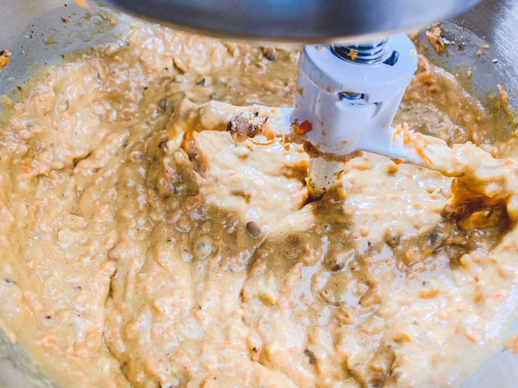 carrot cake batter in mixing bowl