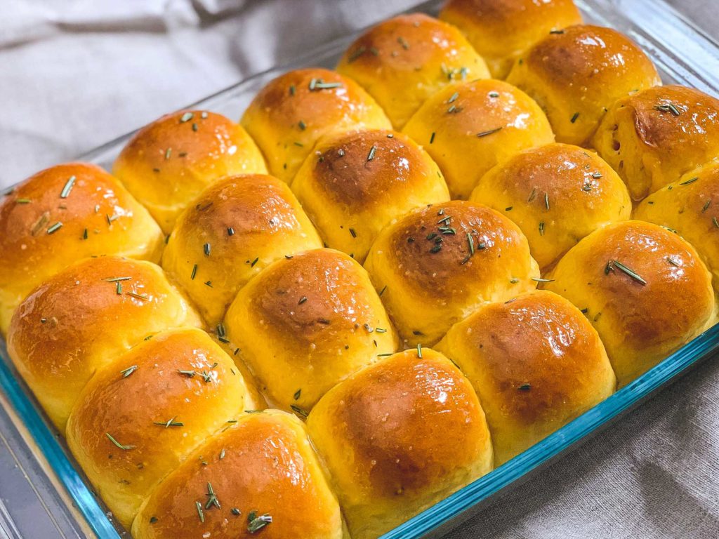 Fresh baked rosemary sea salt sweet potato rolls