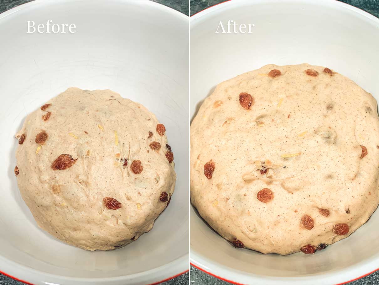 before and after photo of dough in a bowl after being left to rise for an hour
