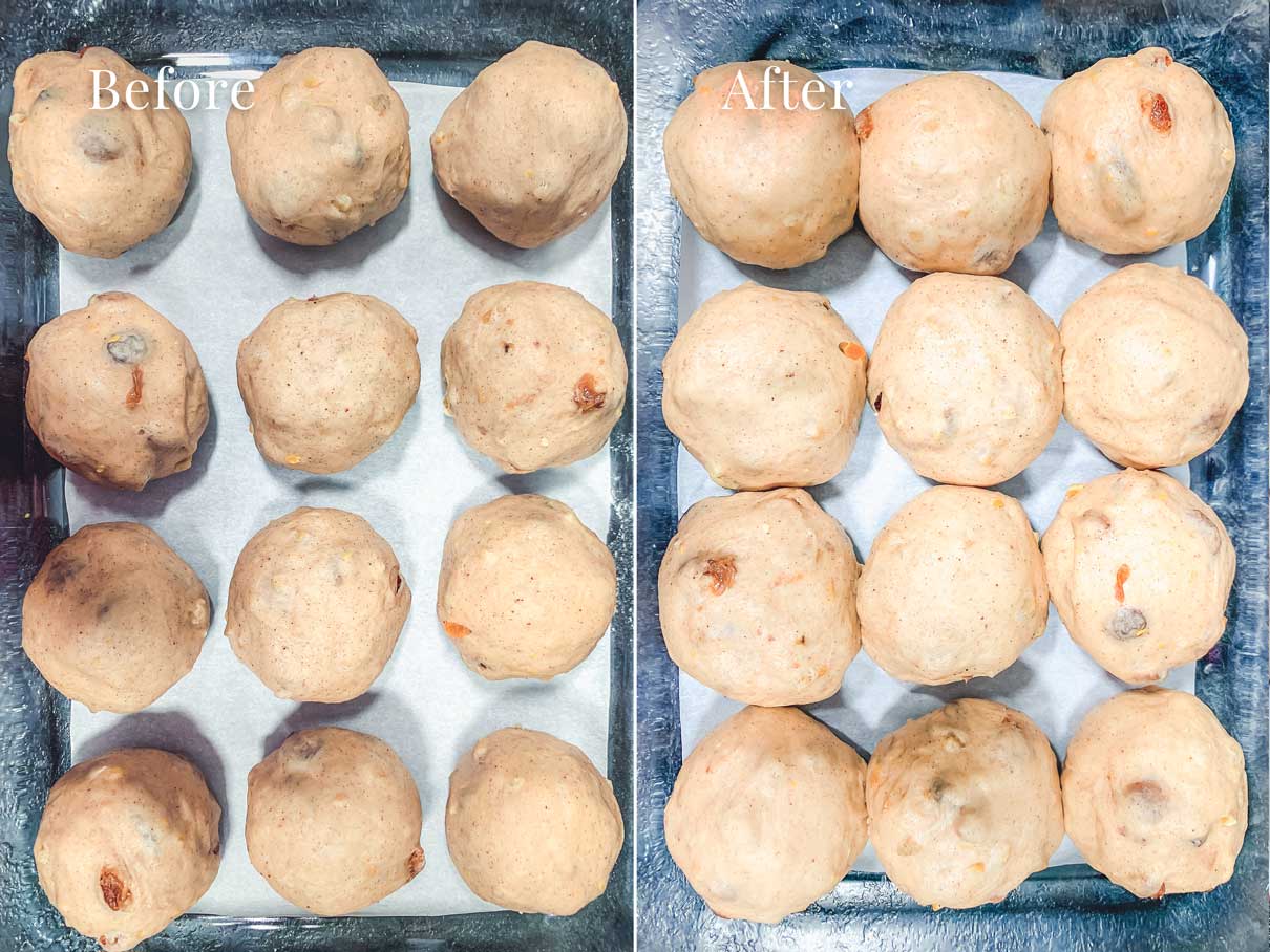 before and after photo of dough balls after being left to rise 