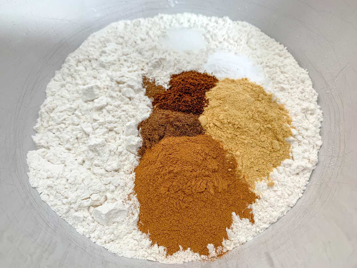 mixing bowl full of flour, baking powder and spices
