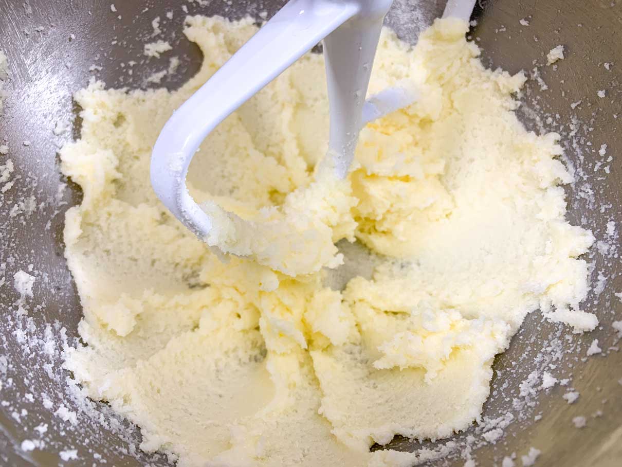 butter and sugar creamed together in mixing bowl