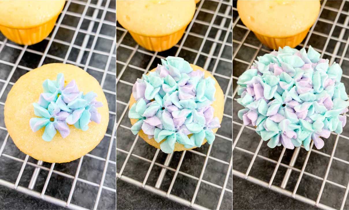 Set of 3 images showing the progression of piping little flowers on to the top of each cupcake