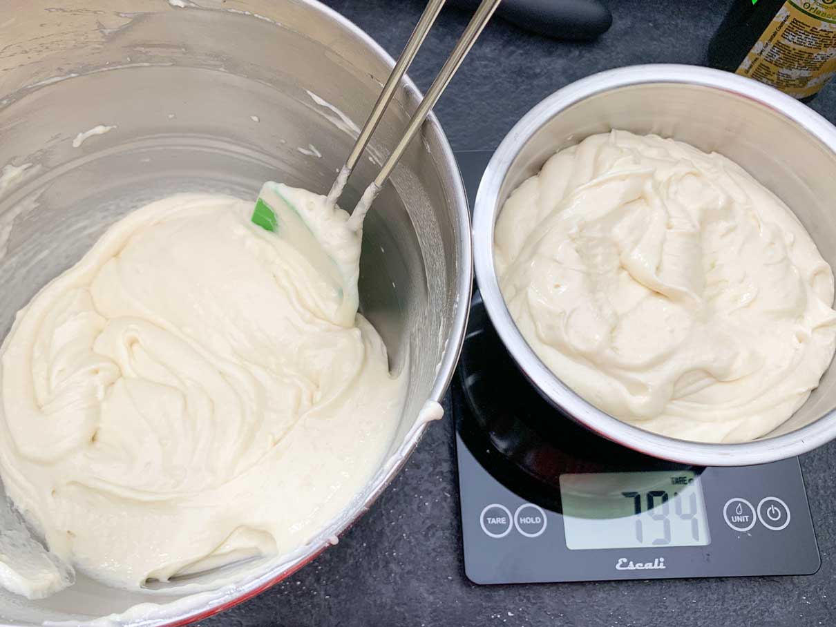 weighing the batter to divide it in half evenly