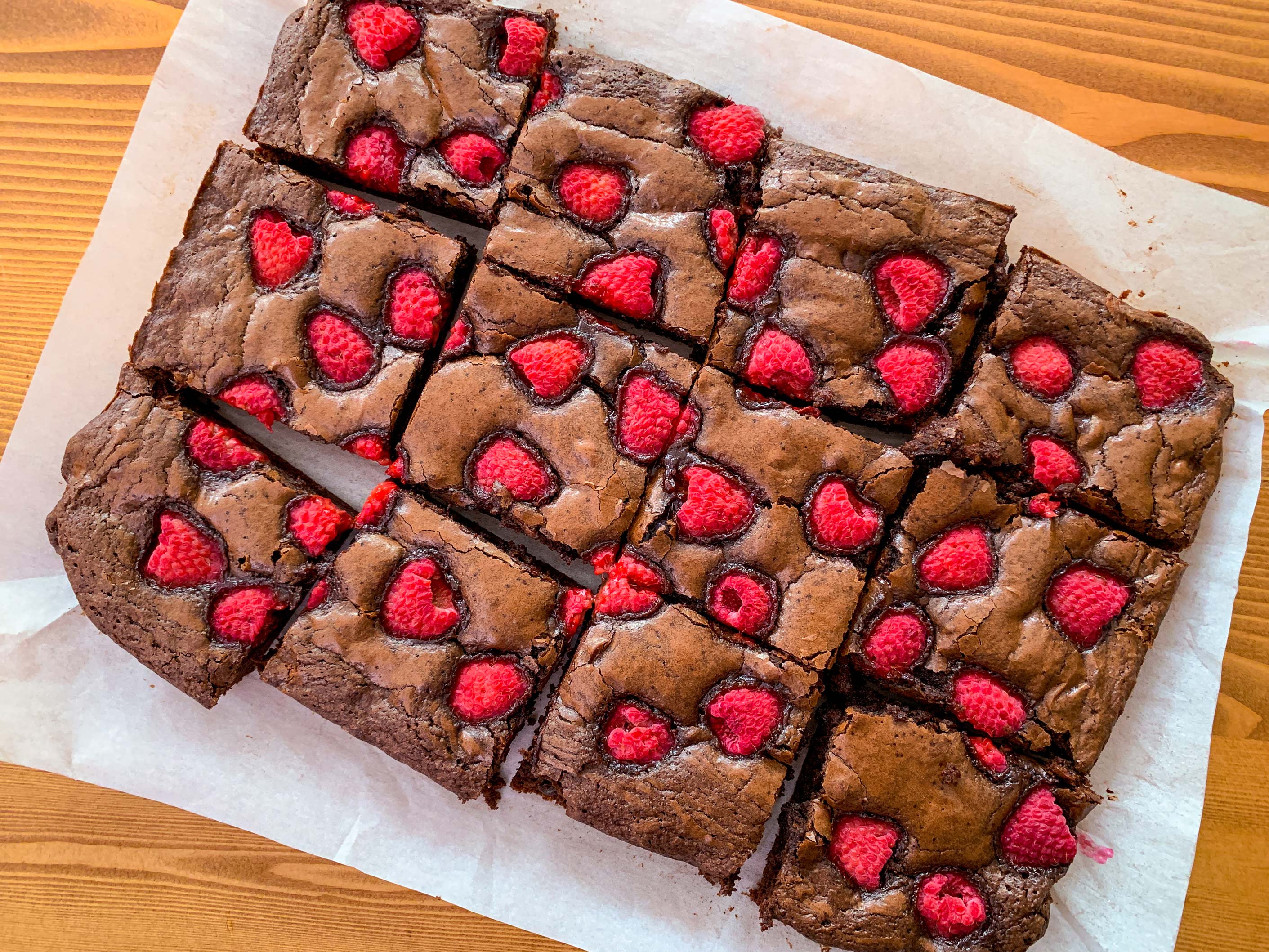 Raspberry chocolate brownies cut into squares