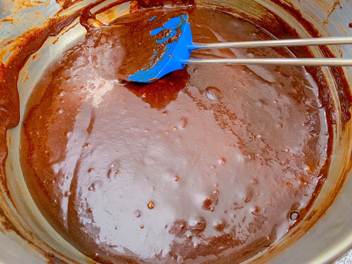 Eggs mixed into brownie batter