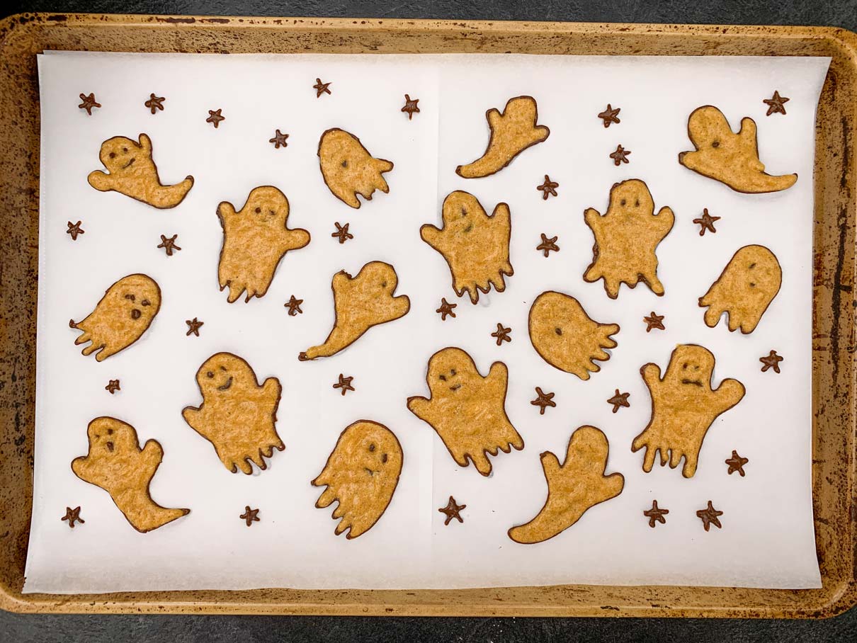 the ghosts, filled in with the plain batter, on parchment paper