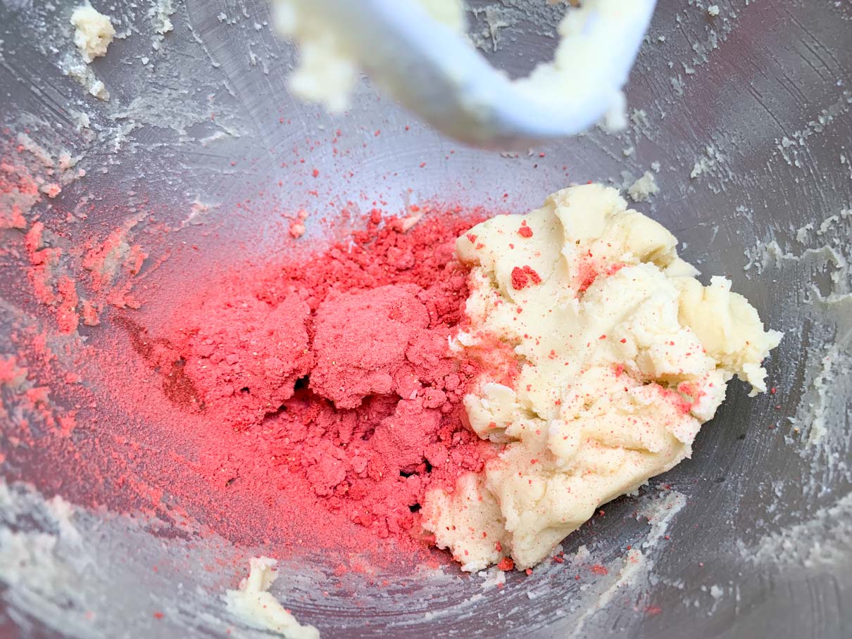 1/3 of the dough in the mixer with the freeze dried strawberries