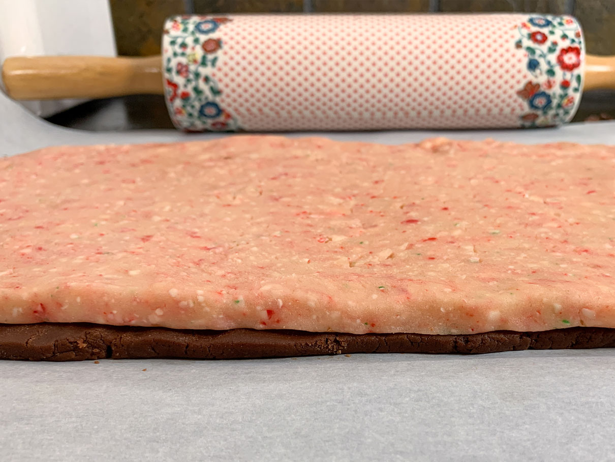 Rectangles of peppermint and chocolate dough stacked on top of each other
