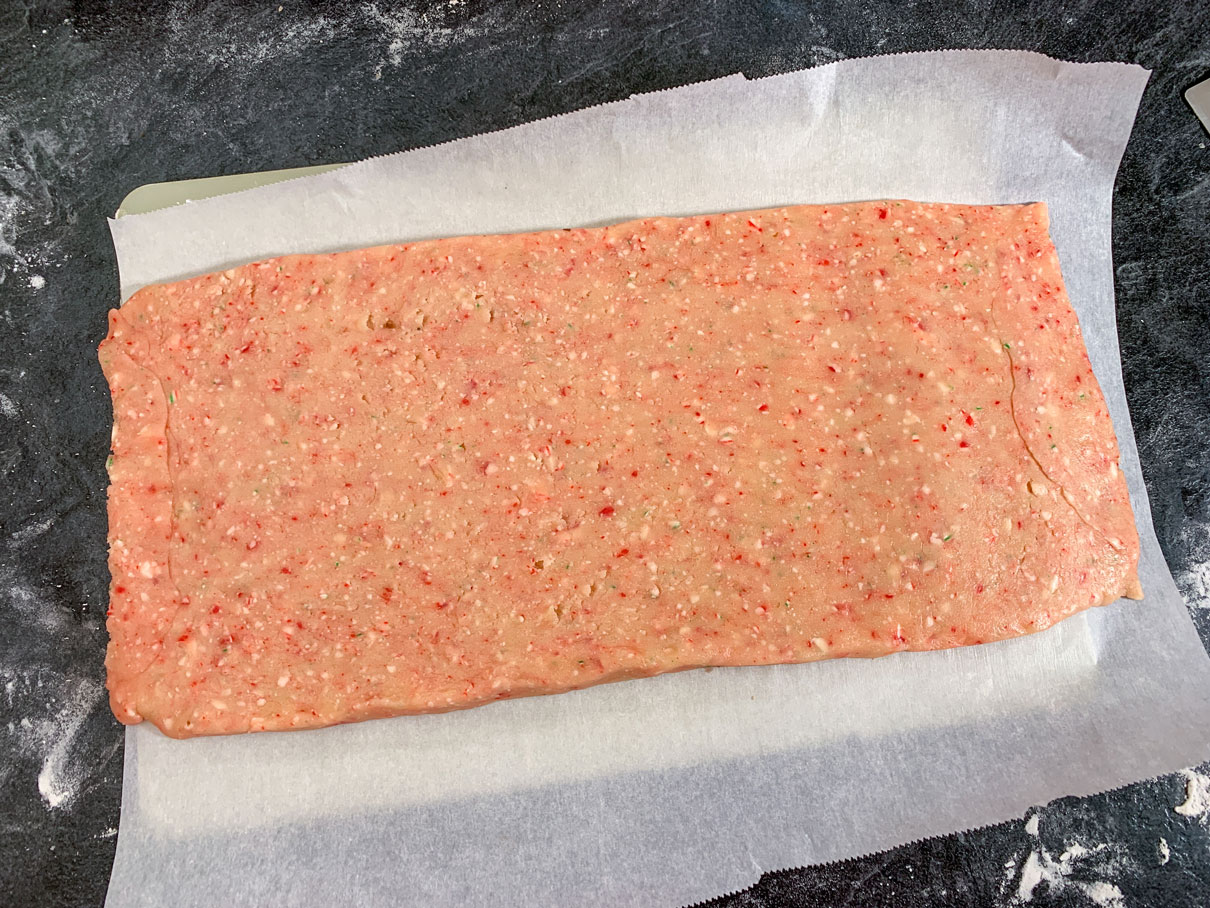 Peppermint dough rolled out into a rectangle