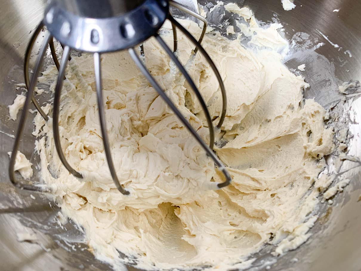 Mascarpone cheese after being whisked in mixer