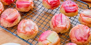 mini rhubarb cakes on a wire cooling rack