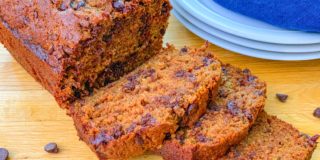 Chocolate chip zucchini loaf, cut into slices