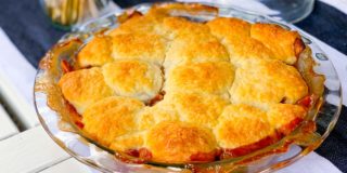 Close up of fresh baked peach cobbler