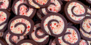 Pile of fresh baked chocolate peppermint pinwheel cookies