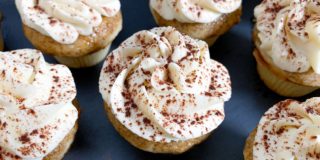 Mini Tiramisu cupcakes on a slate board ready for serving